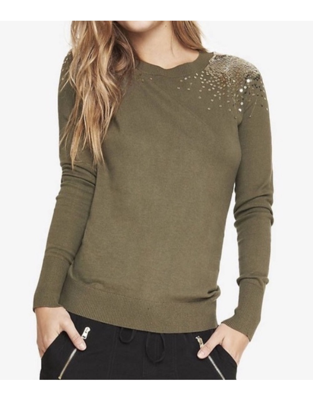 Express Olive‎ Green Crewneck Sweater with Gold Shoulder Embellishment